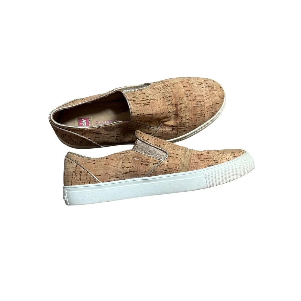 Elaine‎ Turner Natural Cork Gold Trim Slip On Sneakers 8 Beachy Euro Summer Boho